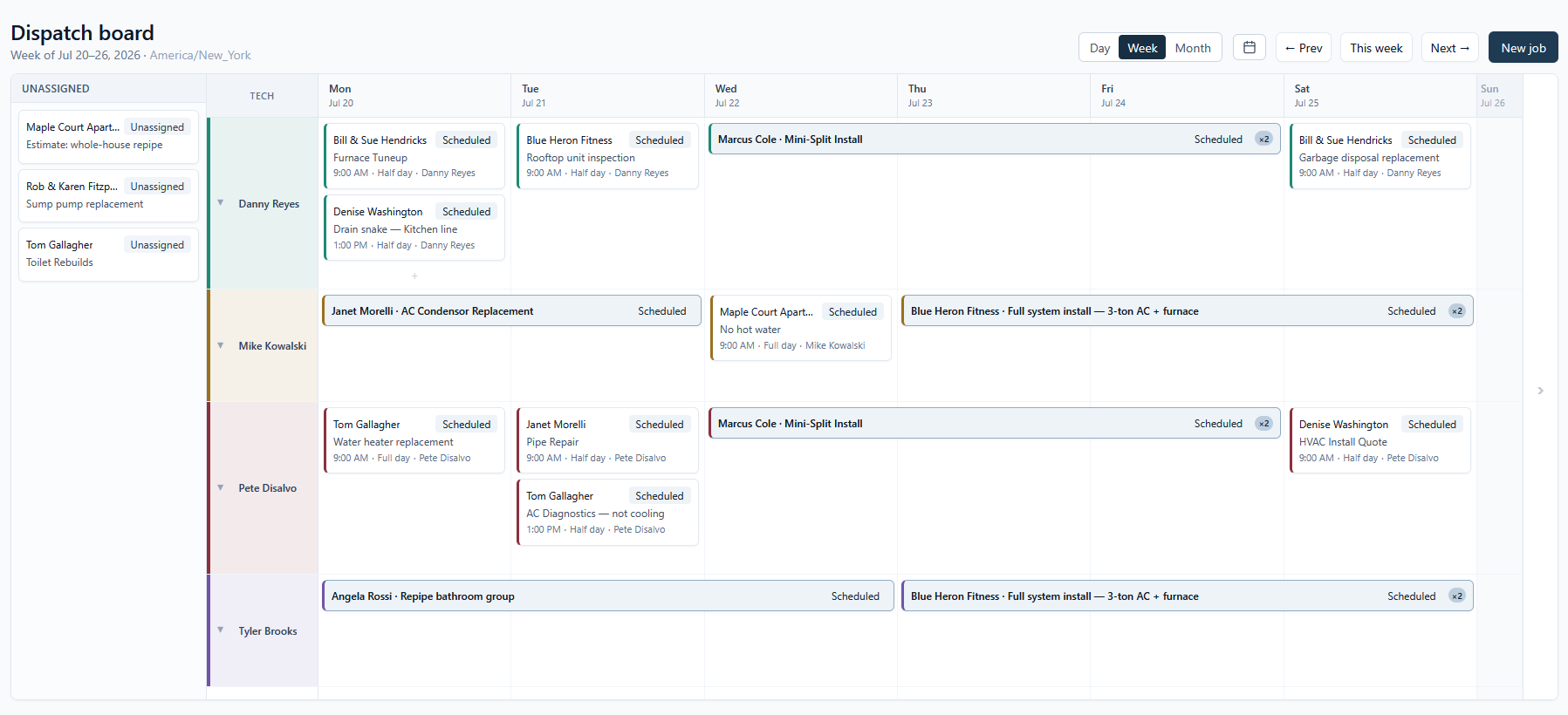 CrewTech Pro dispatch board — a week of jobs laid out across technicians