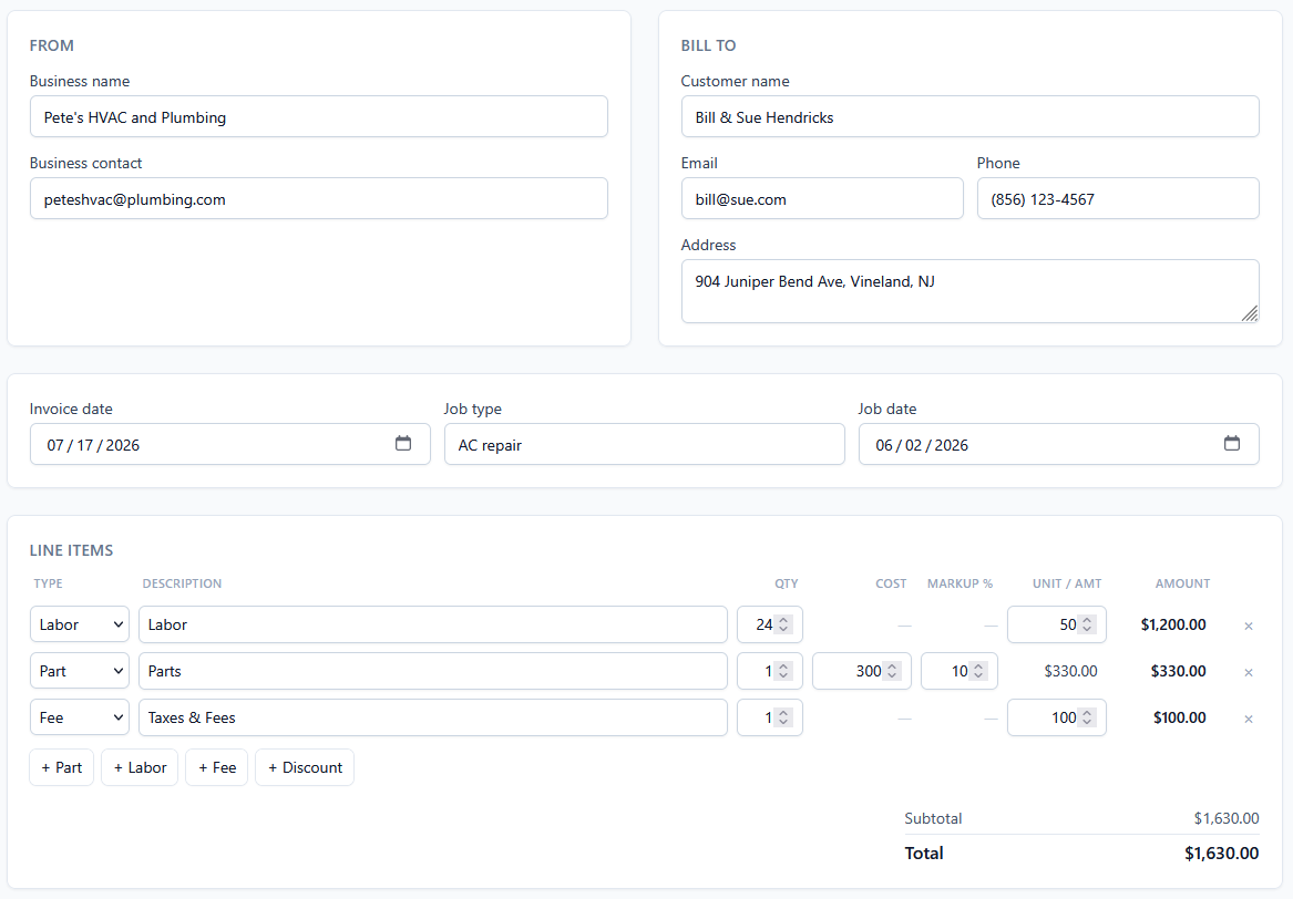 An invoice generated straight from a completed job